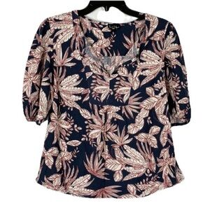 Nicole Miller Leaf Patterned Blouse M Linen Blend Boho Indie Coastal Grandma